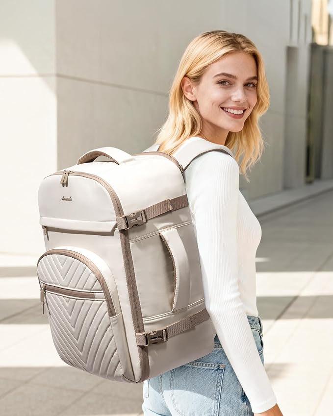 LOVEVOOK 40L Travel Backpack for Women Men, TSA Personal Item Travel Bag Fits 17.3inch Laptop, Waterproof Airline Approved Carry On Luggage With 2 Cubes for Weekender Hiking Business, Beige