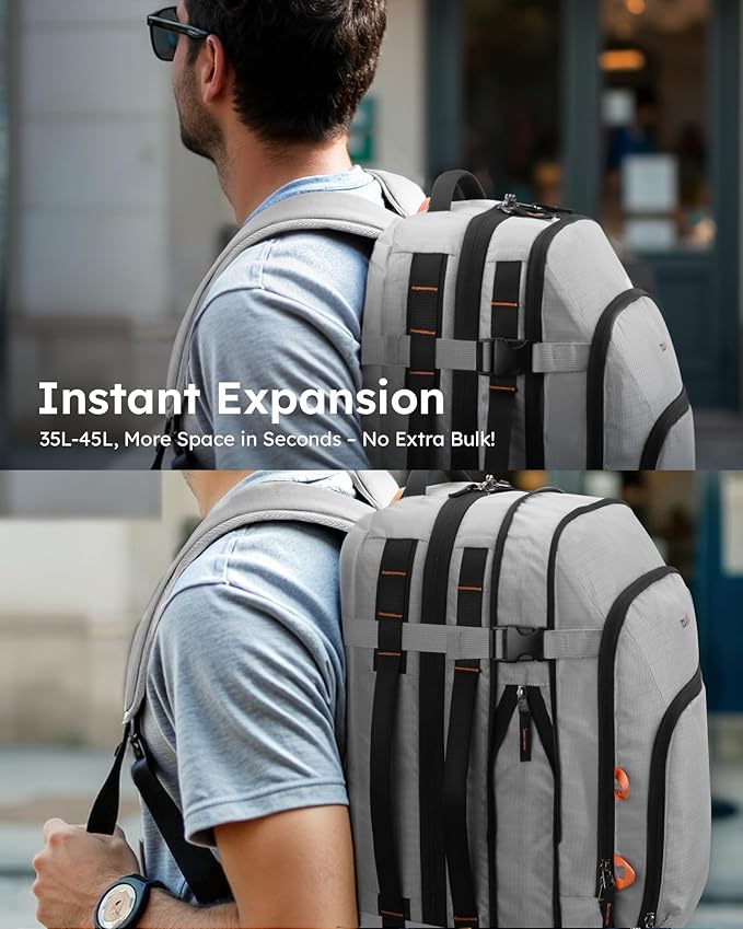 Tolaccea Travel Backpack, TSA Friendly Flight Approved Carry-on Luggage Durable Large Laptop Bag Daypack Fits 15.6 Inch Computer, Water-resistant Business Rucksack, 35-45L Expandable - Grey