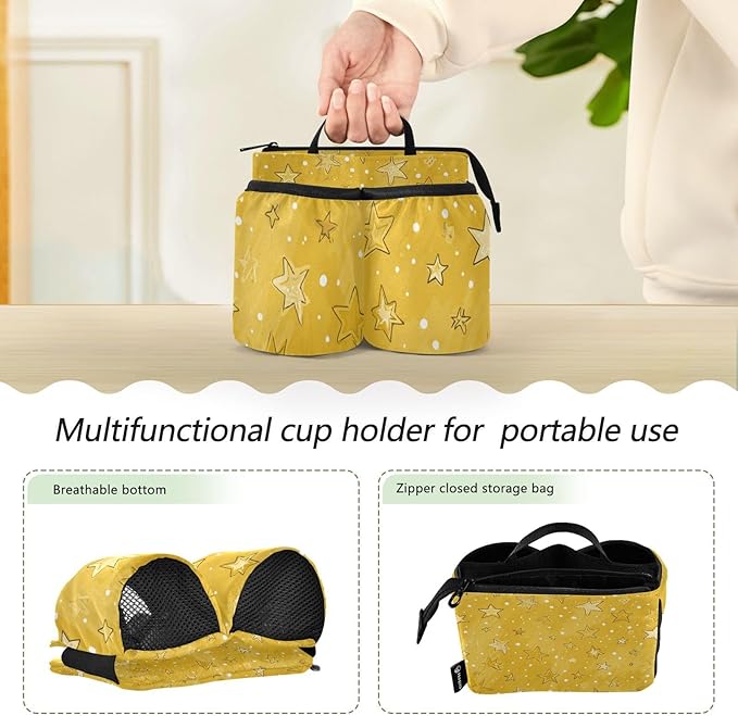 Luggage Cup Holder for Suitcases Free Hands Travel Cup Holder Portable Suitcase Cup Drink Holder Luggage Cup Caddy Bag Carrier Cute Golden Stars and Dots