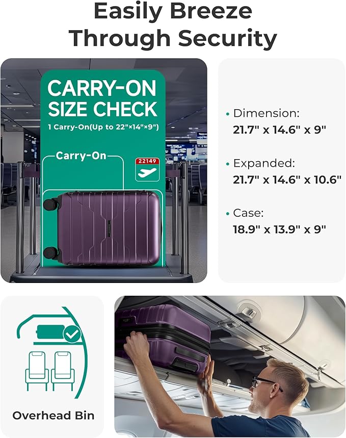 BAGSMART Carry On Luggage 22x14x9 Airline Approved with Spinner Wheels,Lightweight 20 Inch Luggage with TSA Lock,Expandable Hard Shell Carry On Suitcases for Men Women,Purple