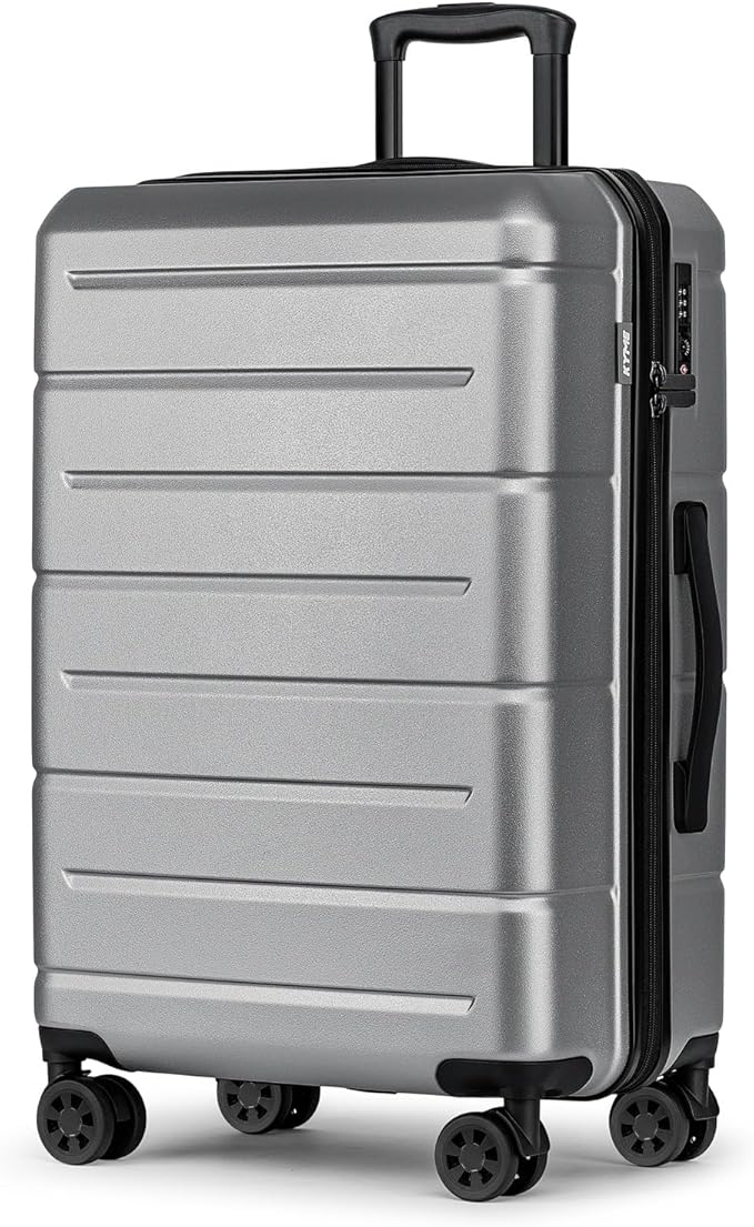 KYME 24 Inch Luggage TSA Approved Hardshell Suitcases with Spinner Wheels Durable PC+ABS Medium Checked Travel Luggage for Women Men Silver Grey
