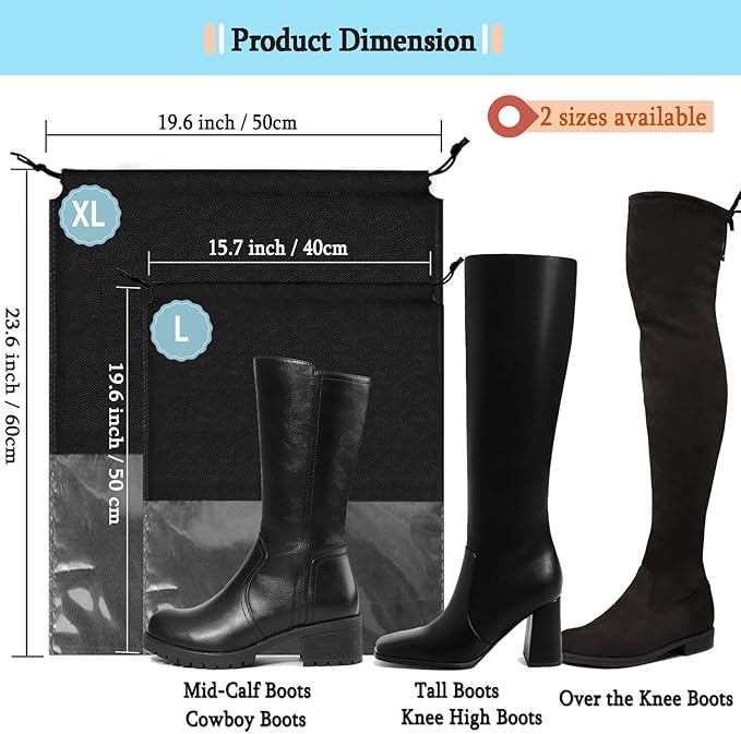 6 Pack Shoe Bags for Tall Boot Knee Travel High Boot Storage Organizers Bag -15.7‘’ X 19.6‘’, Black
