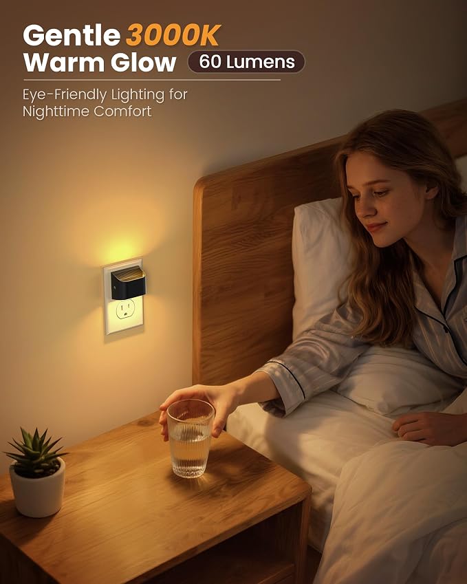 Night Lights Plug Into Wall, Auto Brightness Sensor Night Light, 3000K Warm White, Ultra-Slim Wall Light for Hallway Bathroom Bedroom Stairs, Black, 6 Pack