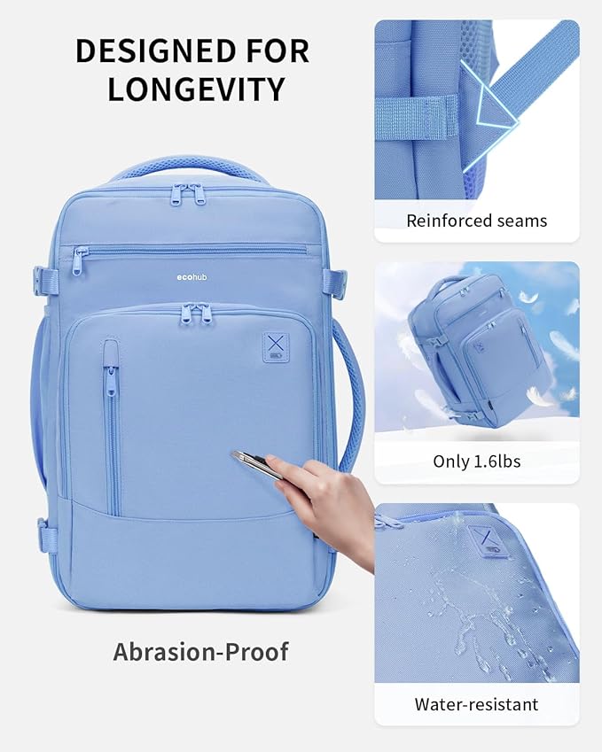 ECOHUB 17" Small Travel Backpack, United Airlines Personal Item Bag 17x10x9 with 16 Pockets, Water Resistant Rucksacks Fit 15.6" Laptop, AirTag Pocket, Lightweight Casual Daypack, 25L, Light Blue