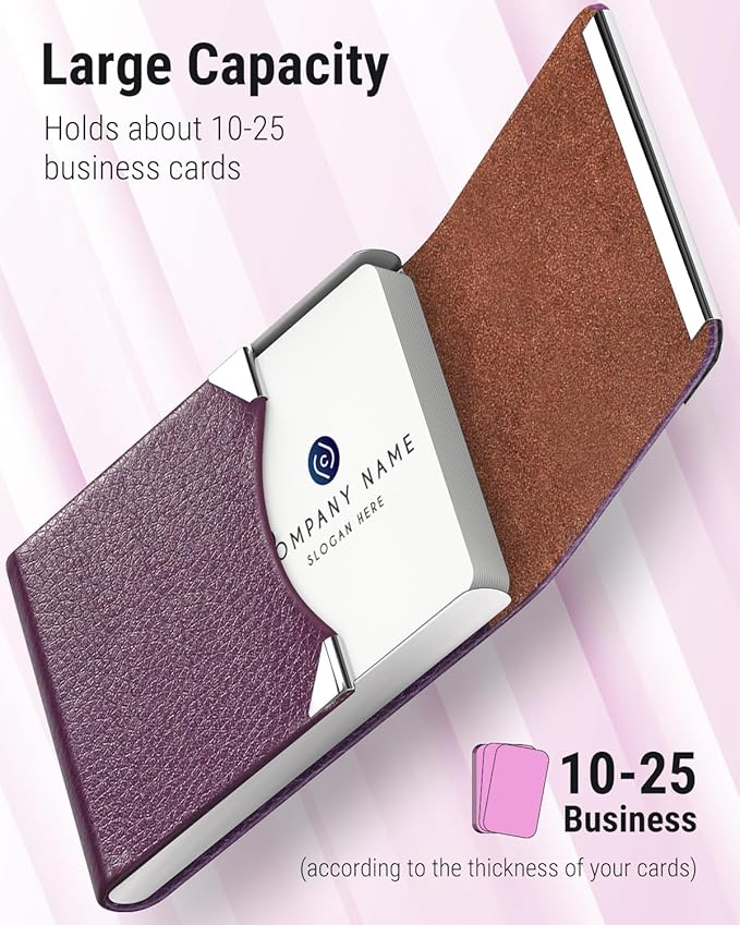 MaxGear Business Card Holder, Slim PU Leather & Stainless Steel Business Card Case for Men & Women, RFID Blocking Name Card Holder with Magnetic Closure, Purple
