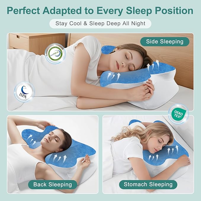 DONAMA Cervical Neck Pillow- Ergonomic Pillows for Pain Relief, Contour Memory Foam Pillow for Side/Back/Stomach Sleepers, CertiPUR-US Certified with Cooling Ice Silk Pillowcase