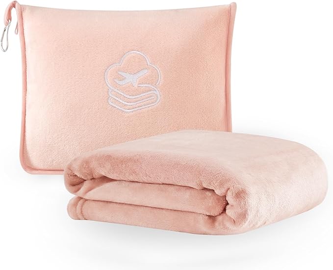 Travel Blanket, Soft 2-in-1 Airplane Blanket, 65x40 Inches, Travel Essentials Car Blanket with Luggage Sleeve & Backpack Clip (Peachy Pink)