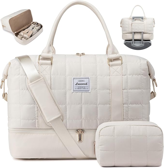 LOVEVOOK Travel Duffel Bag - Versatile Weekender Bag for Women, Puffer Carry On & Overnight Bag for Short Trips, Beige