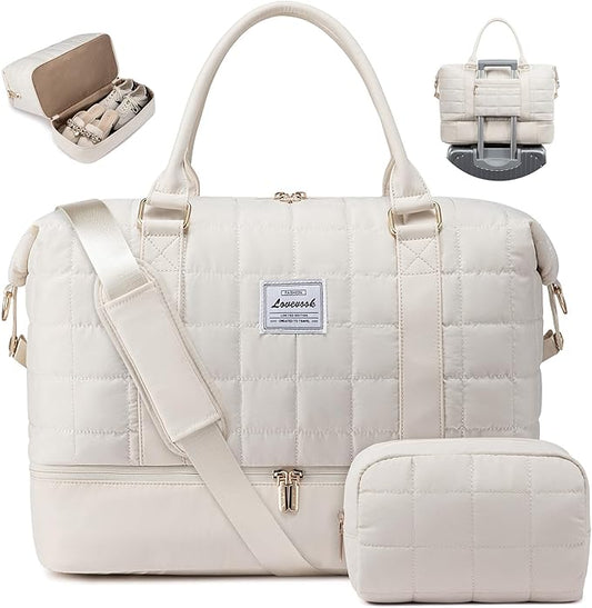 LOVEVOOK Travel Duffel Bag - Versatile Weekender Bag for Women, Puffer Carry On & Overnight Bag for Short Trips, Beige