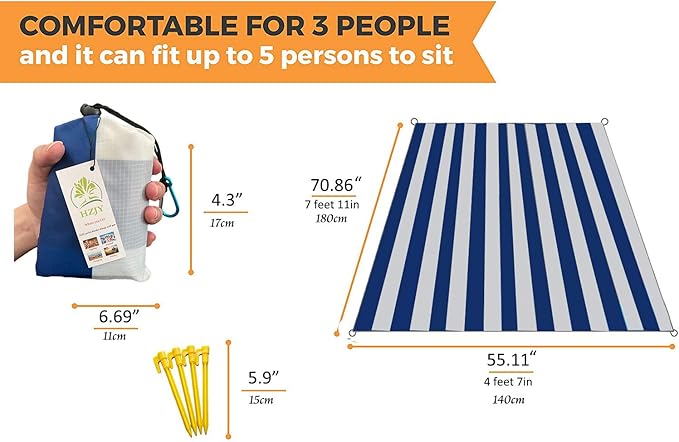 Pocket Blanket 71"x55", Lightweight Compact Sandproof Waterproof Outdoor Blanket for Beach, Hiking, Camping, Travel, Festivals, Picnic with Pockets, Loops, Stakes, Carabiner