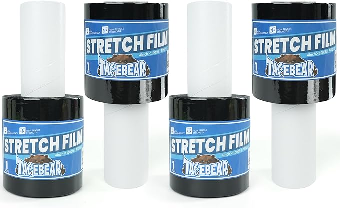 TAPEBEAR Black Stretch Wrap Film 4" x 1000Ft Shrink Wrap Roll with Handle, 60 Gauge Thick Durable Self-Adhering Plastic Wrap Industrial Strength Pallet Shrink for Moving, Packing, Storage, 4Rolls