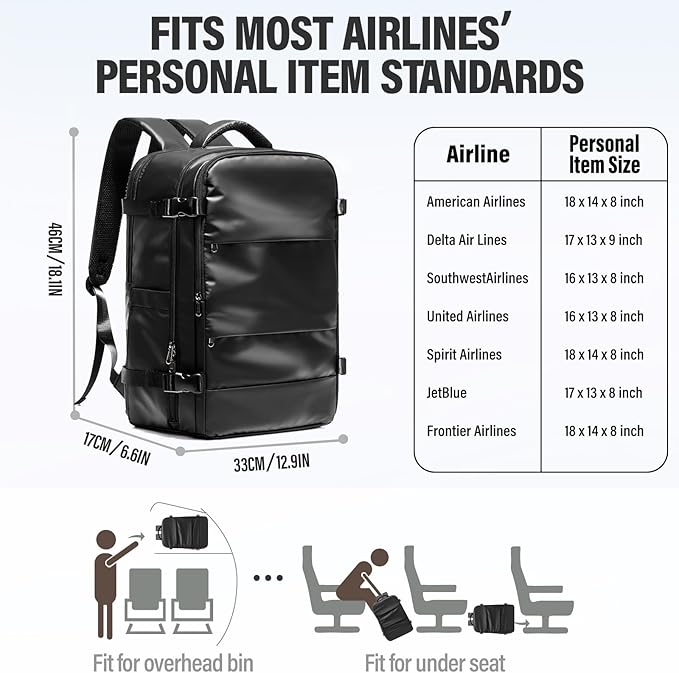 Vacuum Backpack Travel with Pump,Water Resistant Airbag Travel Backpack,Personal Item Carry on Backpacks Flight Approved 18x14x8 inches,Laptop Backpacks,Black