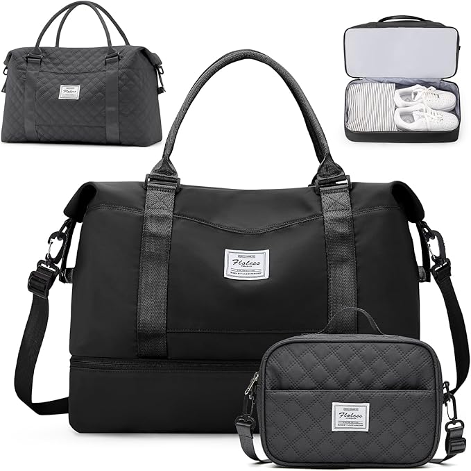 Weekender Bags for Women,Travel Duffle Overnight Bag with Shoe Compartment,Personal Item Carry On Bag,Black,Large,3 Pcs Set