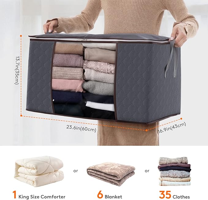 Lifewit 90L Large Storage Bags, 6 Pack Closet Organizers and Storage, Clothes Storage Bins with Lids, Foldable Storage Containers with Reinforced Handles for Clothing, Blanket, Bedding, Comforter Gray
