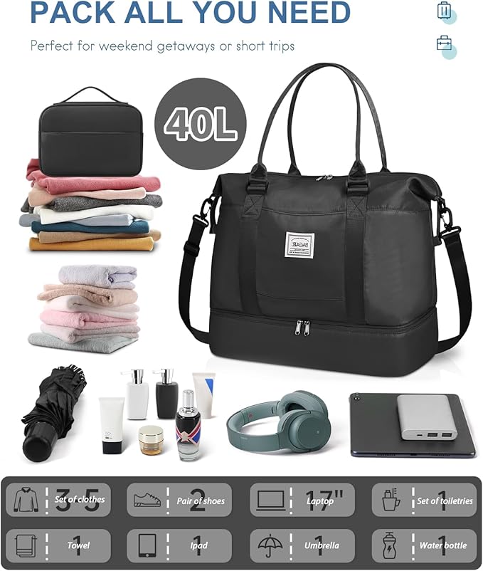 BAGAIL Travel Duffel Bag - Weekender, Overnight Gym Carry On Tote with Wet Pocket, Hospital Mom Bag for Labor and Delivery - Extra Large, Black