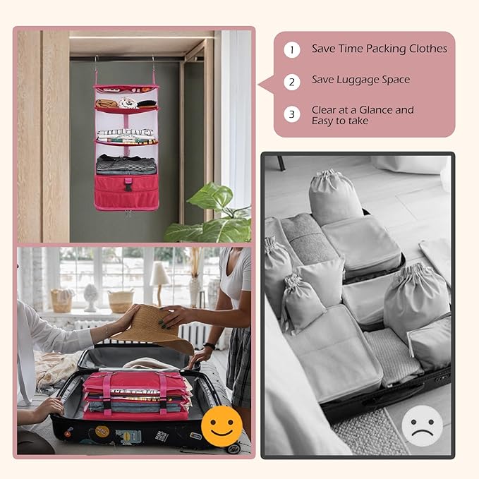 Surblue Hanging 3-Shelf Closet Organizer Pocket Collapsible Washable Oxford Fabric with 2 Hooks (L 11.41 * 11.41 * 19.68in, Rose)