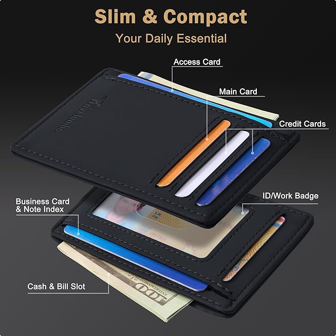 Travelambo Slim Wallet Front Pocket Minimalist Leather RFID Blocking Medium Size(Edge-Finished Black)