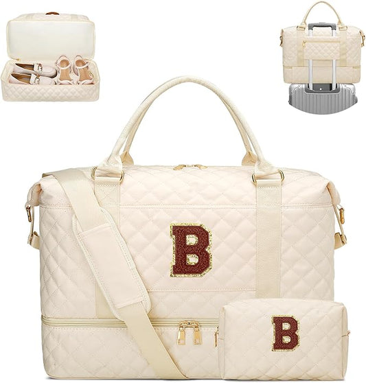 Gifts for Women Initial Travel Duffle Bag Quilted Weekender Bags Carry-On Overnight with Cosmetic Bag, Gym Bag with Shoe Compartment Hospital Bag for Women Labor Delivery, Beige-B