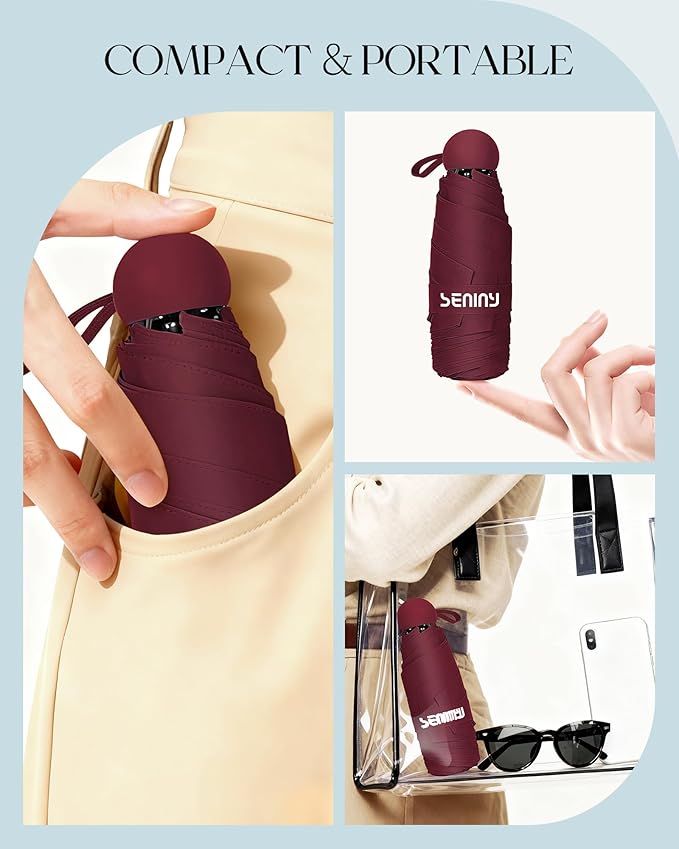 Seniny Mini Portable Travel Umbrella with Case - Compact Umbrellas for Rain & Sun UV Protection for Backpack Pocket, Lightweight Folding Small Umbrella, Tiny Purse Size UV Blocker for Kids Women Girls
