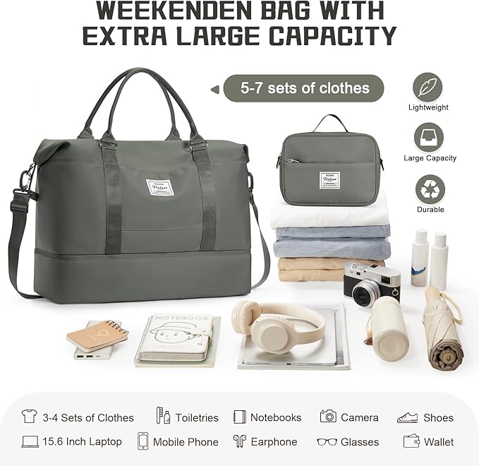 Travel Duffel Bag with Shoes Compartment, Overnight Weekender Bags for Women, Carry on Personal Item Travel Set