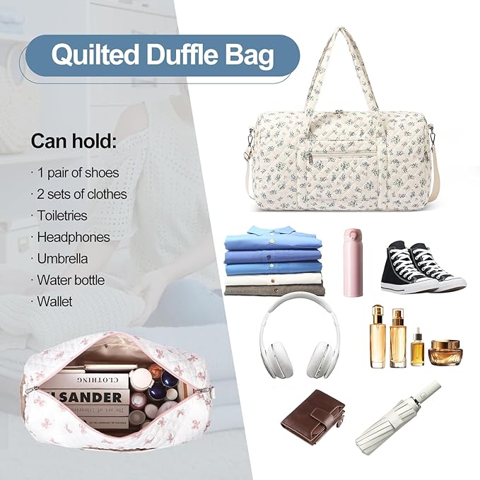 Gym Bag for Women, Cute Duffle Bag, Quilted Duffle Bag for Travel, Floral Duffle Bags, Weekend Bag with Zipper Pocket Dance Bag Organizer