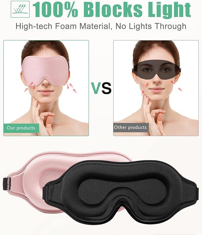 BeeVines 2 Pack 3D Contoured Sleep Mask Sleeping Eye Masks for Lash Extensions, Night Molded Mask with Adjustable Strap, 100% Block Light Eye Shade Cover for Traveling Yoga Nap