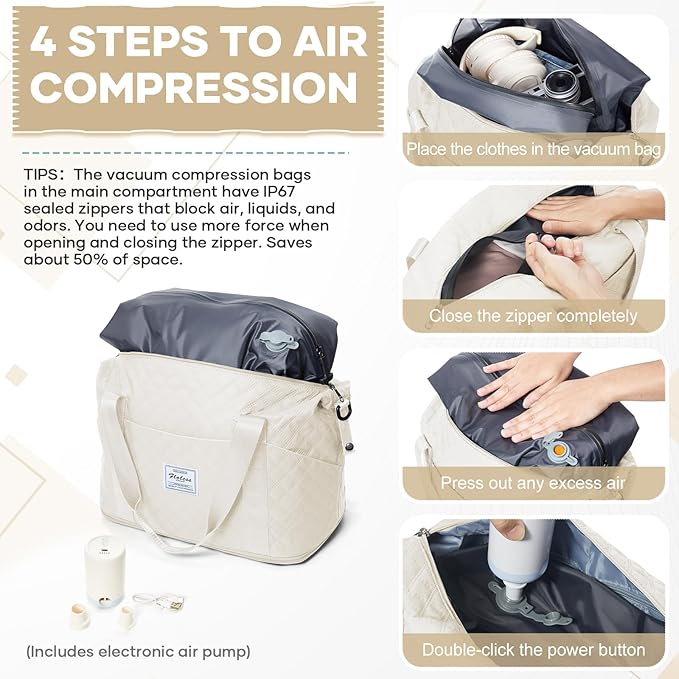 Vacuum Travel Bag with Pump, Vacuum Seal Bags for Clothing, Hospital Tote Bag for Labor and Delivery, Expandable Weekender Mommy Bags Women, Overnight Carry on Bag