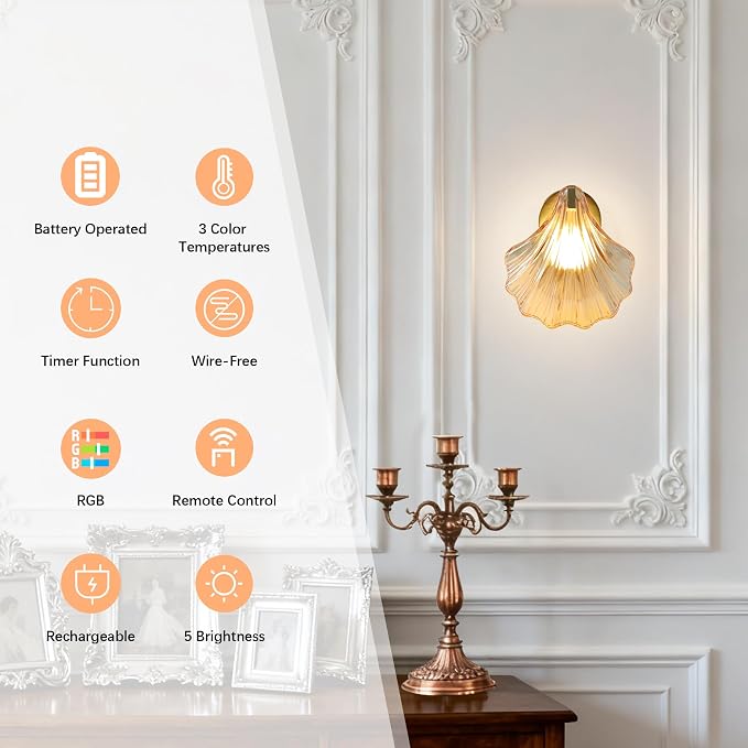 Vintage Battery Operated Wall Sconces with Remote, Amber Rechargeable Wireless Wall Sconces with Magnetic LED Bulbs, Indoor Shell Shaped Wall Lights for Living Room, Bedroom, Bedside, Doorway