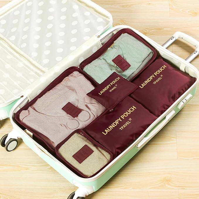 6 Set Packing Cubes for Travel Luggage Packing Bags Reusable Waterproof Suitcase Organizer Bags Set with Shoe Bag and Toiletry Bag (Wine Red)