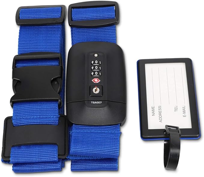 Navaris TSA Luggage Strap - Secure Adjustable Strap for Suitcases with Combination Lock - Lockable Cross Case Travel Belt for Luggage with ID Tag