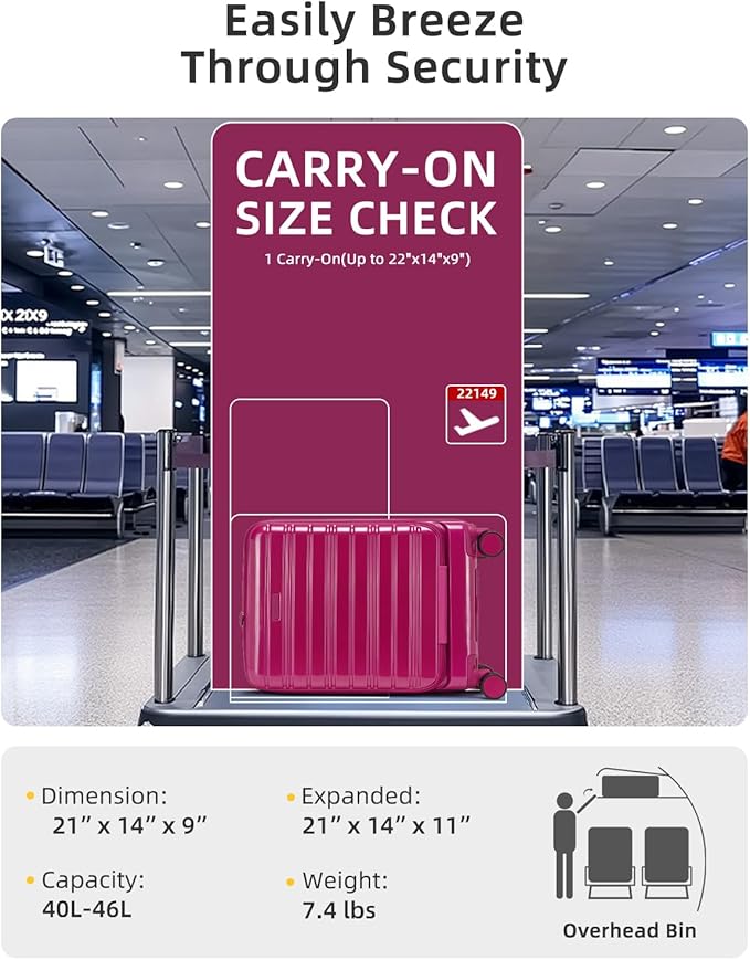 LARVENDER Carry On Luggage 22x14x9 Airline Approved, 20 Inch Expandable PC+ABS Hardside Carry On Luggage with Front Pocket Spinner Wheels TSA Lock for Women Men (Very Berry)