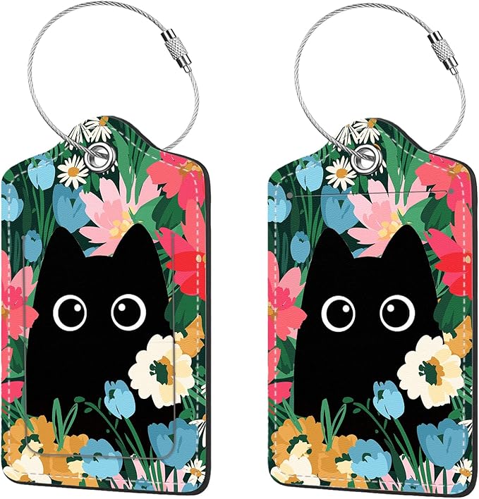 2 Pcs Luggage Tags for Suitcase, Cute Unique PU Leather Travel Bag Tag with Privacy Cover ID Label Address Card and Durable Metal Ring Suitable for Men Women Children Backpack,Flower and Black Cat