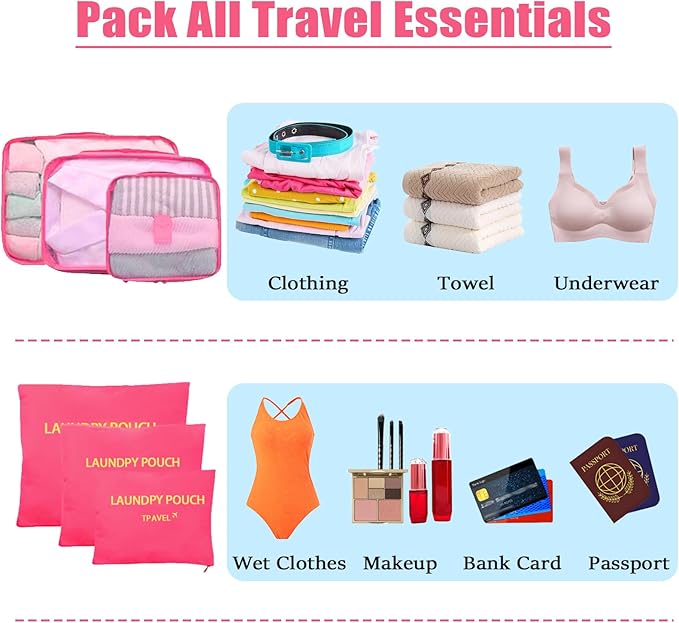 6 Set Packing Cubes for Travel Luggage Packing Bags Reusable Lightweight Suitcase Organizer Cubes Set for Travel Accessories (Rose Red)
