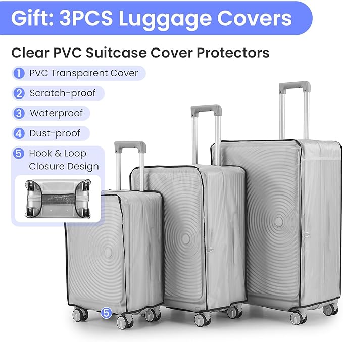 3 Piece Luggage Set 100% PC Hardshell, Front Opening Expandable Suitcase (20/24/28) with Laptop Compartment & Free Custom PVC Covers, Trunk Style Lightweight Spinner Wheels TSA Lock (Silver)