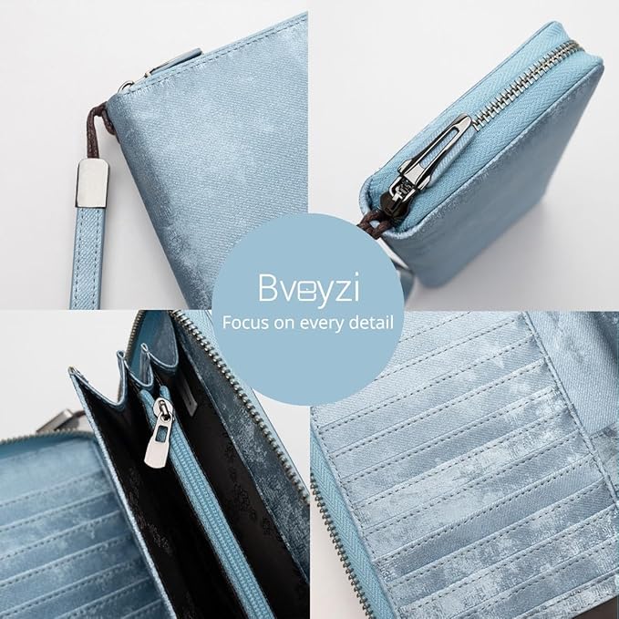 Bveyzi Women RFID Blocking Wallet Leather Zip Around Phone Clutch Large Capacity Ladies Travel Purse Wristlet | RFID Blocking, Zip Around, Large Capacity