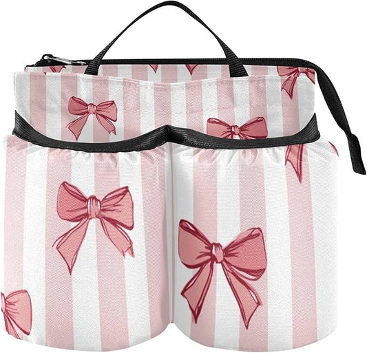 Pink White Stripes Bows Luggage Cup Holder Travel Portable Free Hand Drink Carrier Suitcase Drinks Beverage Holder Carry-On Bottle Mug Holder Organizer Bag Travelers Accessories