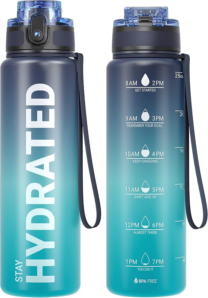 Sahara Sailor Water Bottle, 32/25/17oz Durable and Leakproof Water Bottles Motivational with Time Marker, Tritan, BPA Free, Wide Mouth with Easy Clean Brush for Gym, Travel, School, Office (1 Bottle)