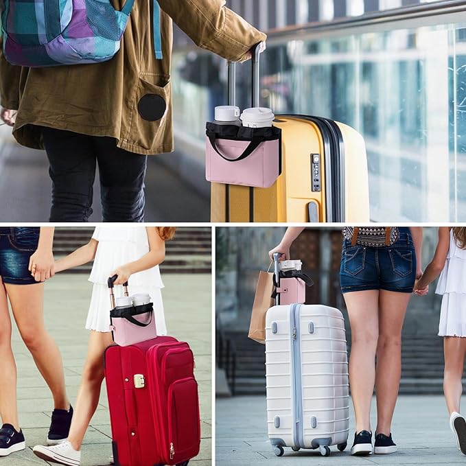 Luggage Cup Holder - Multifunctional Travel Caddy - Fits Suitcase Handles, Also, as a Stroller & Automotive Cup Holder - Pink