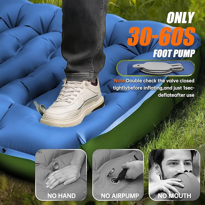 Camping Sleeping Pad,with Foot Pump and Pillow – Ultralight Compact Sleeping Mat for Backpacking, Hiking, Tent – Portable Single Inflatable Mattress for Outdoor