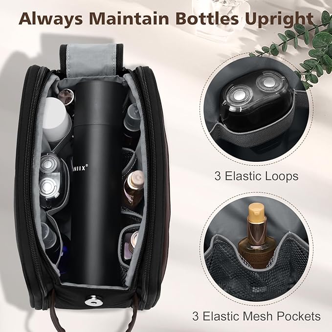 Wedama Toiletry Bag for Men, Medium Hanging Travel Toiletry Bag, Extra Electronic Organizer Bag Waterproof Travel Bag for Toiletries with PU Handle for Travel Business Trips Swim Camping, Black&Brown