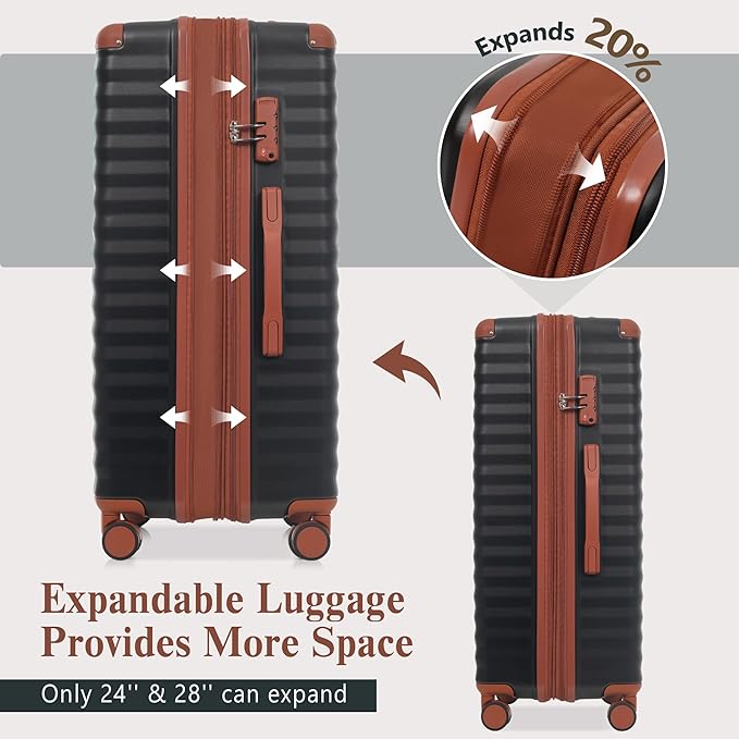 Merax Luggage Sets 3 Piece Front Opening, Hardside Lightweight Carry on Suitcase with Cup Holder USB Port,Durable Expandable Luggage with Bags Spinner Wheels and TSA Lock,Black and Brown