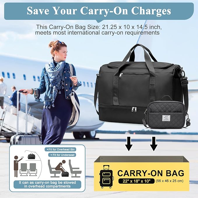 Extra Large Travel Duffle Bag,Carry on Overnight Bag with Shoes Compartment,Weekender Bags for Women for Travel Business Trips Sport Hospital,3 Pcs Set,Black
