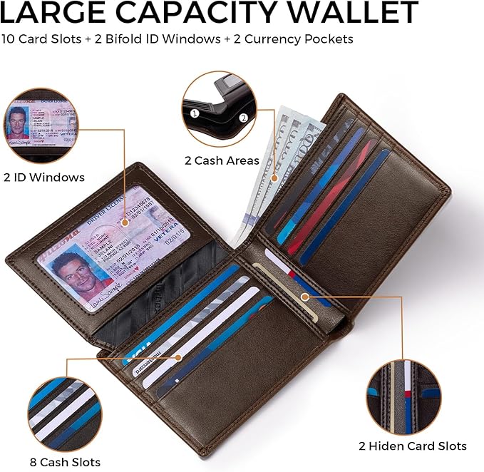 RUNBOX Leather Wallet for Men, Genuine Leather Mens Wallet Bifold Rfid Blocking with 12 Cards and 2 ID Windows, Minimalist Wallet for Men with Gift Box
