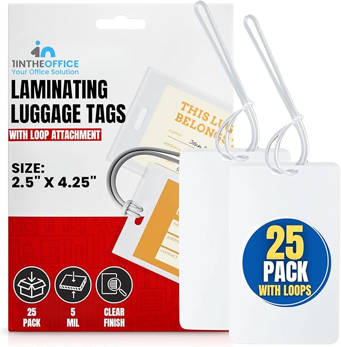 1InTheOffice Laminating Luggage Tags with Loops, Laminating Pouches 5 Mil, Luggage Tag Pouches, 2 1/2" x 4 1/4", 25 Pack