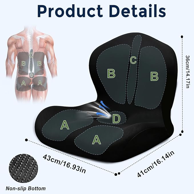 Seat Cushion for Office Chair and Car, L-Shaped Ergonomic Car Seat Cushions, Memory Foam Chair Cushion, Lumbar Support Pillow for Wheelchair, Car, Home, Office, Desk, Black