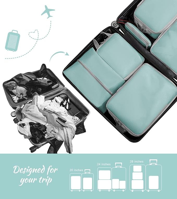 WOOMADA Compression Packing Cubes for Suitcases Travel Essentials 8 Set Expandable Travel Bags Organizer for Luggage(turquoise)