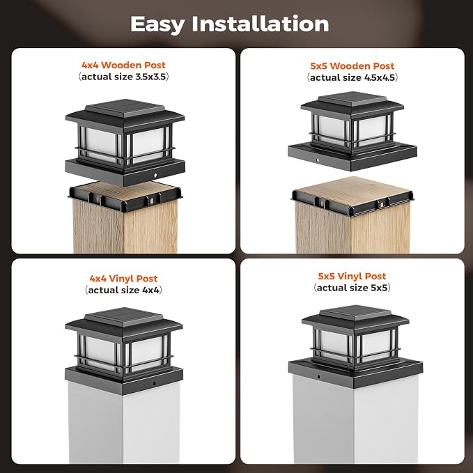 JOFIOS Flickering Flame Solar Post Cap Lights Outdoor, Black Post Lights with 3 Color Temperature, Fits 3.5" 4" 4.5" 5" Wood/Vinyl Posts, IP64 Waterproof Fence Deck Lights for Garden Patio Yard 6 Pack