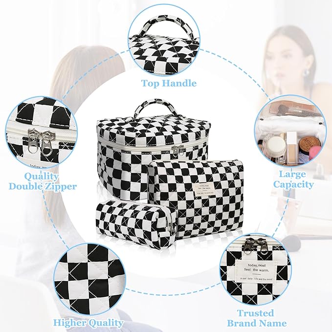 Makeup Bag Set, Quilted Makeup Bag, Large Floral Cosmetic Bag for Women, Cute Cotton Makeup Bags, Flower Travel Toiletry Organizer Bag (Black Checkered)