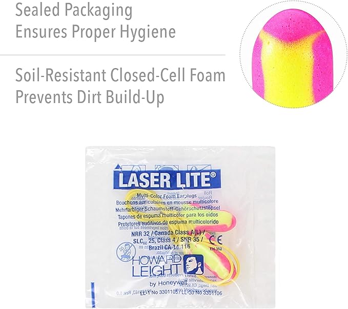 Howard Leight by Honeywell Laser Lite High Visibility Disposable Foam Earplugs, 100-Pairs, Pink/Yellow, LL-30