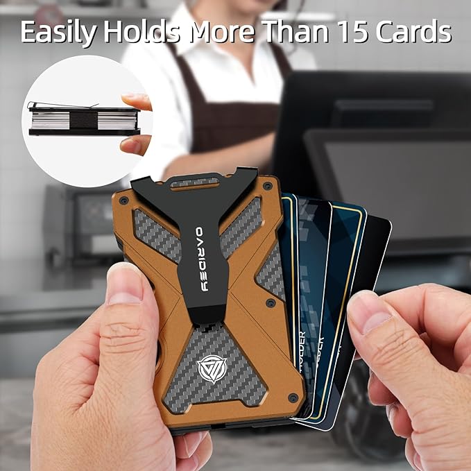 Minimalist Wallet for Men- Slim Aluminum Metal Money Clip Wallet with Clear ID Card Holder, Carbon Fiber Wallet, RFID Blocking,Holds up 15 Cards with Cash Clip,Ultra-Thin Tactical Wallet- Orange